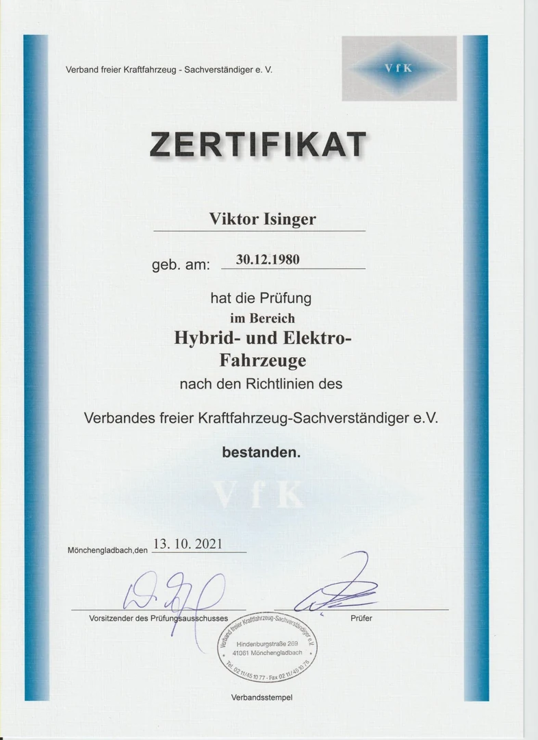 Originalnachweis für Viktor Isinger: Prüfung im Bereich Hybrid- und Elektro-Fahrzeuge nach den Richtlinien des Verbands freier Kraftfahrzeug-Sachverständiger e. V.