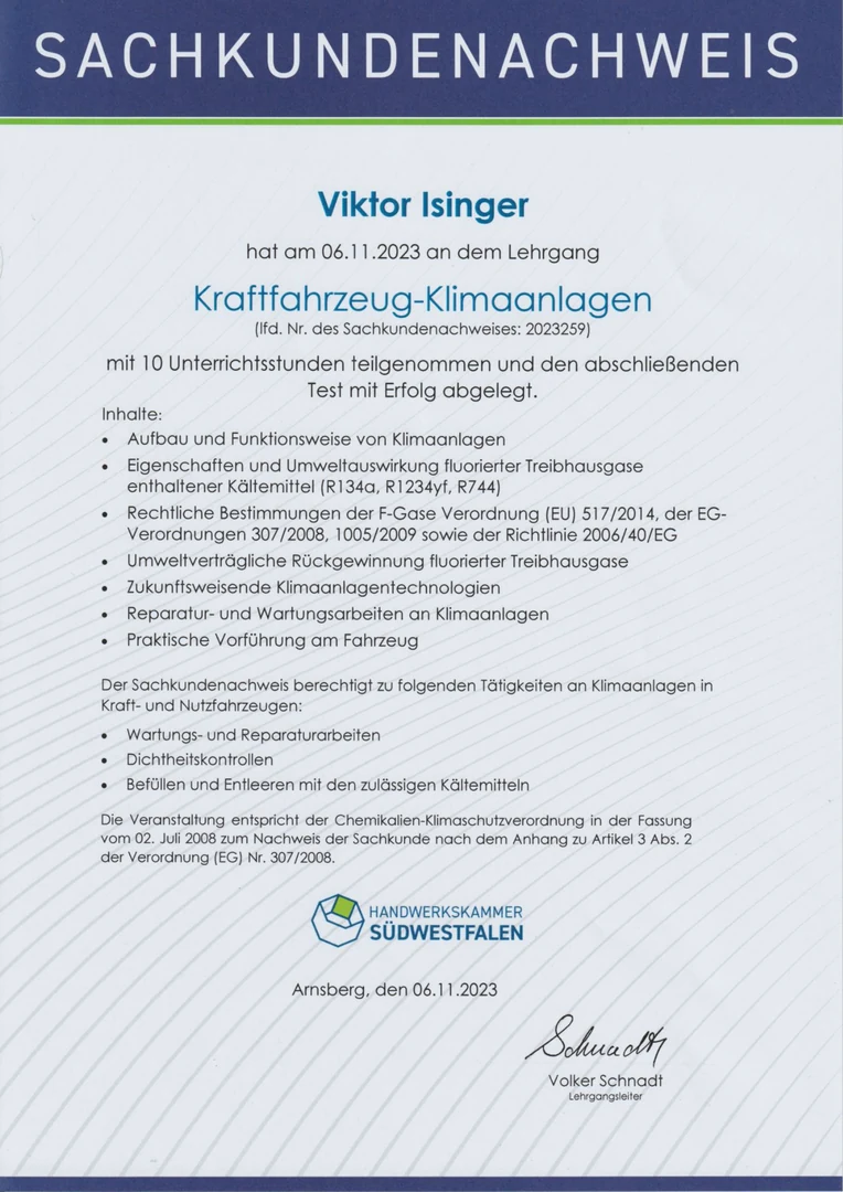 Sachkundenachweis Kraftfahrzeug-Klimaanlagen für Viktor Isinger, Handwerkskammer Südwestfalen, 6. November 2023