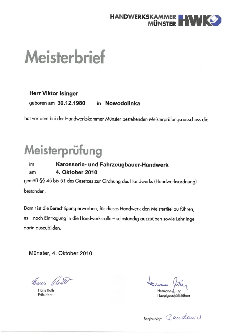 Meisterbrief der Handwerkskammer Münster für Viktor Isinger im Karosserie- und Fahrzeugbauer-Handwerk