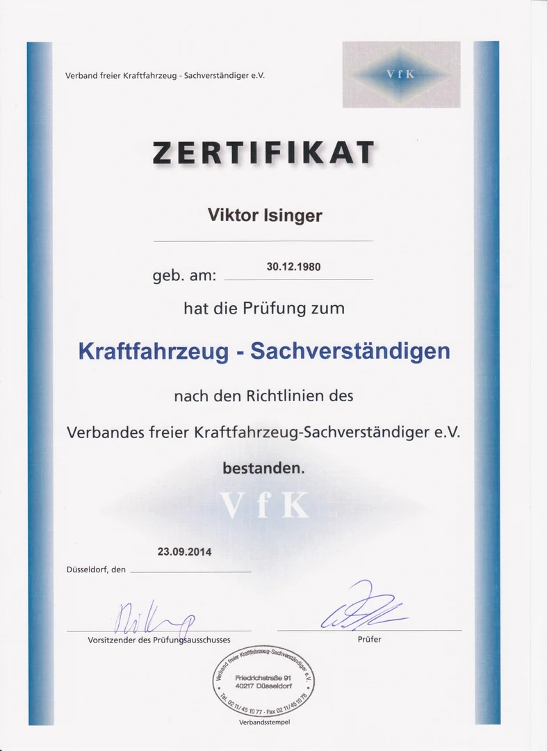 Originalnachweis für Viktor Isinger: Prüfung zum Kraftfahrzeug-Sachverständigen nach den Richtlinien des Verbands freier Kraftfahrzeug-Sachverständiger e. V.