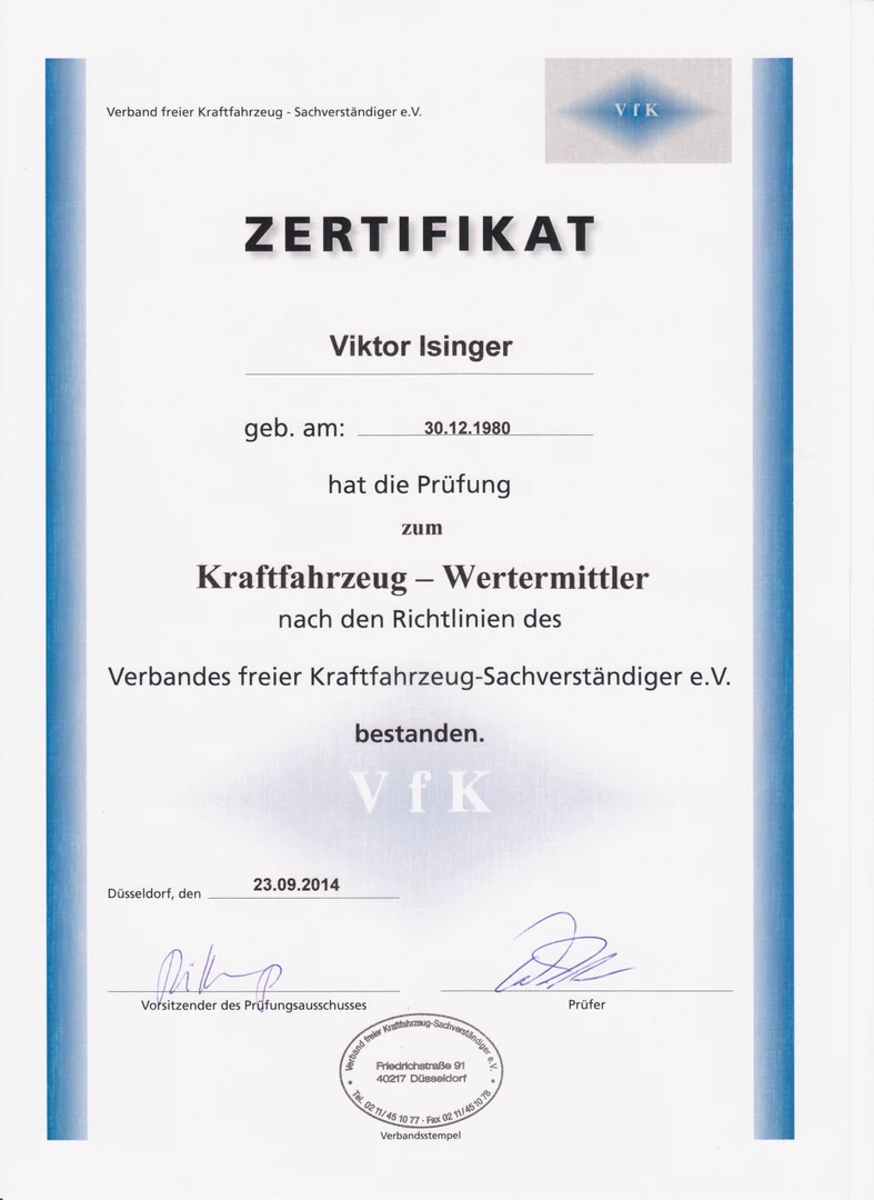 Originalnachweis für Viktor Isinger: Prüfung zum Kraftfahrzeug-Wertermittler nach den Richtlinien des Verbands freier Kraftfahrzeug-Sachverständiger e. V.